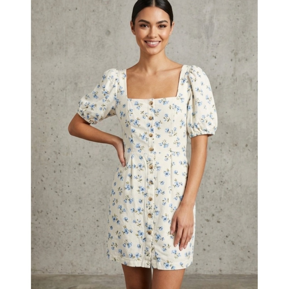 Old Navy Floral Cottagecore Linen Blend Button Front Puff Sleeve Mini Dress L